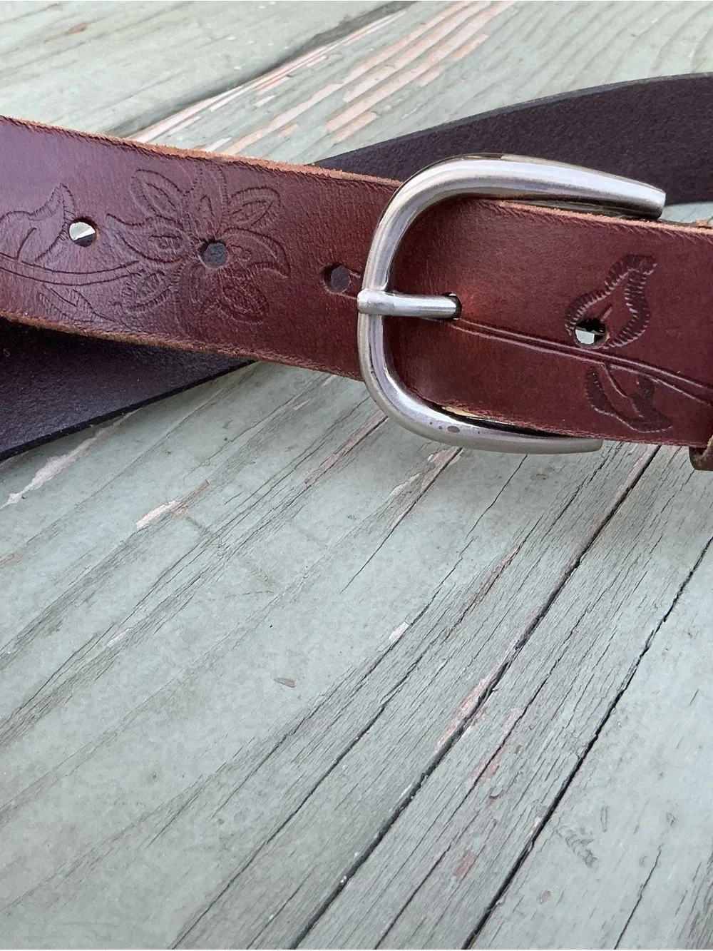 Brown Embossed Leather Belt with Floral Design